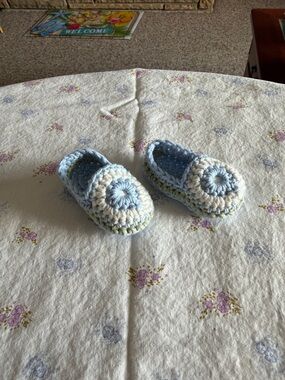Handmade Baby Crochet Moccasins in Light Blue & White